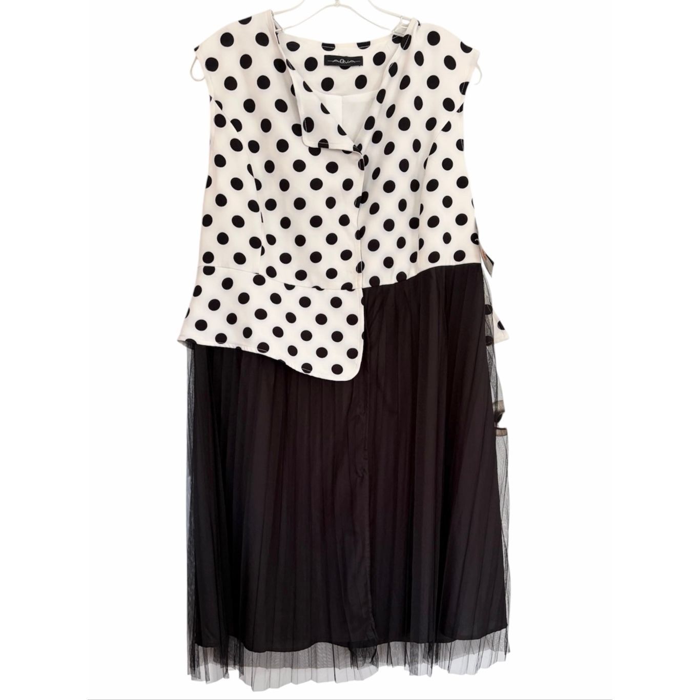 Aqua Polka Dot Sleeveless Overlay Black Chiffon Pleated Skirt Dress Sz Xl Nwt